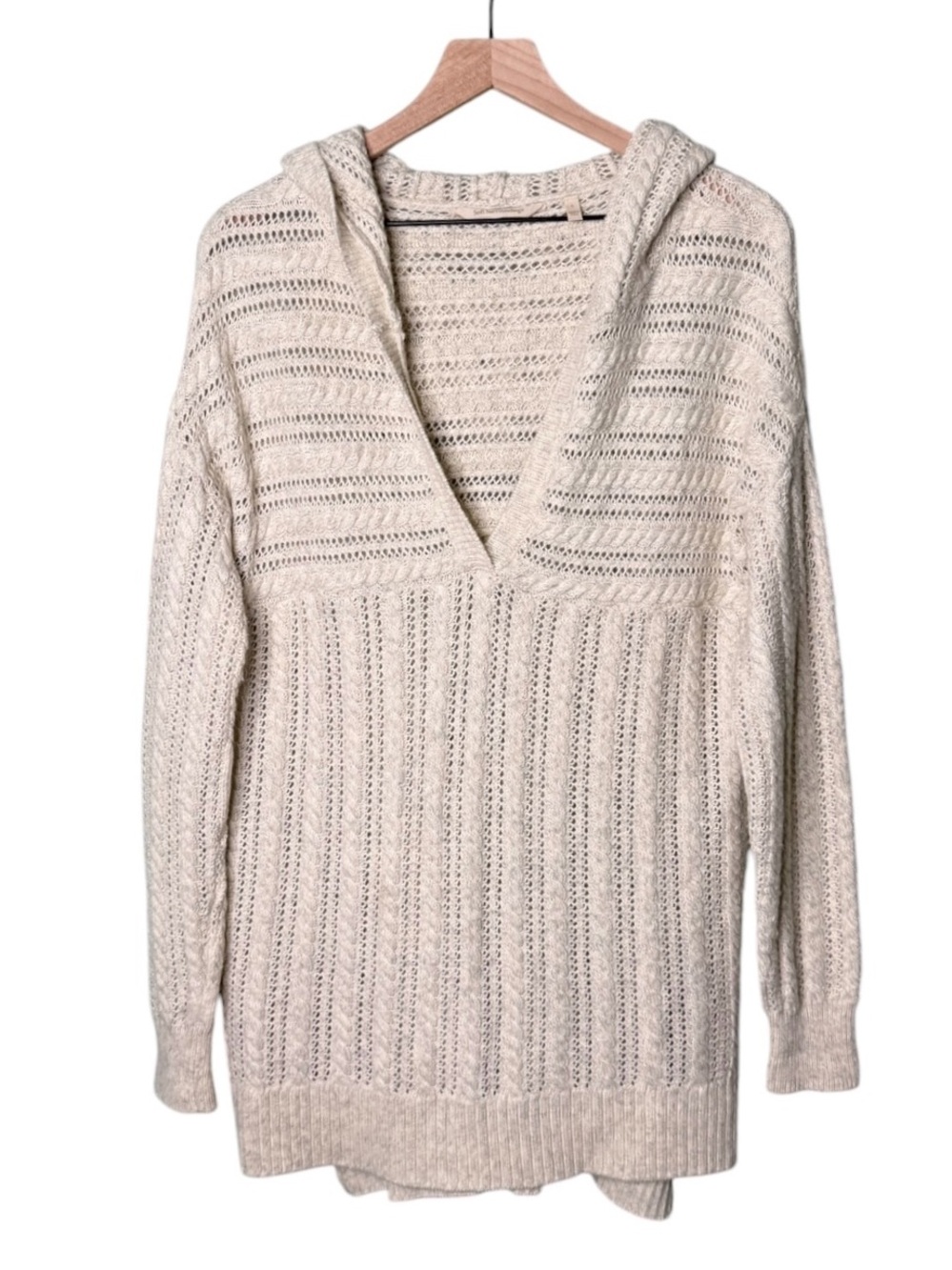 Soft Surroundings Wool Cozy Cable Knit Hooded Sweater Oatmeal Beige Size Large
